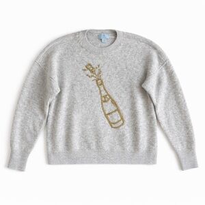 CeCe Champagne Bottle Beaded Sweater Gray Crewneck Party Holiday Size Small